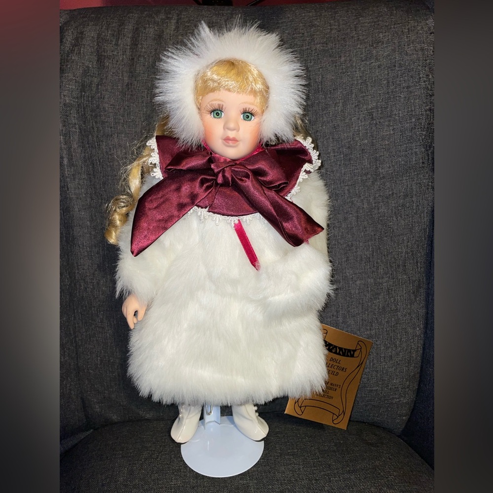 ⛸️New White Fur Coat Porcelain Doll with Red Bow and Ice Skates